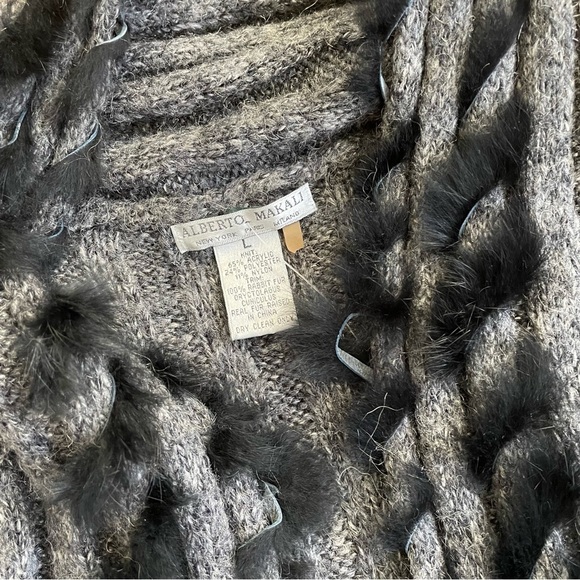 Alberto Makali Gray Knit Rabbit Fur Trim Open Front Duster Sweater Cardigan Sz L - Picture 6 of 9